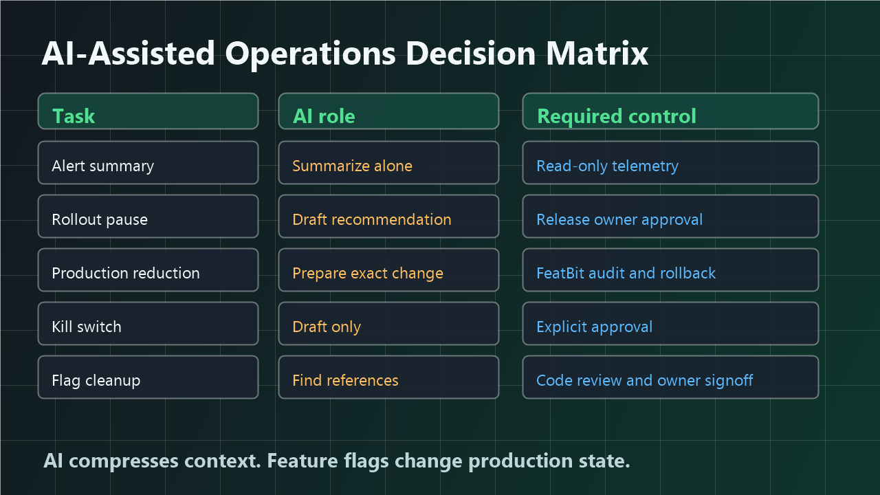 Decision matrix for AI-assisted operations showing which tasks AI can summarize, draft, prepare, or execute only after approval
