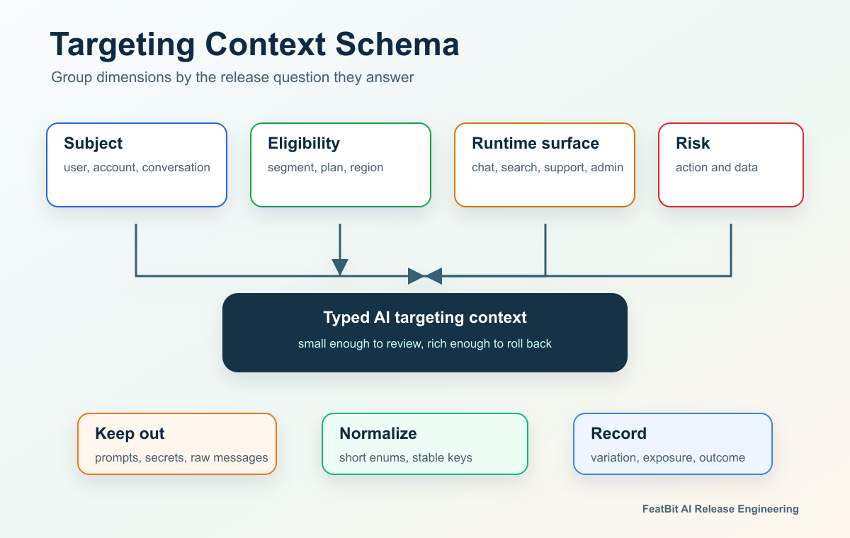 AI feature targeting context schema showing identity, account, region, plan, surface, workflow, risk, and environment feeding one release decision