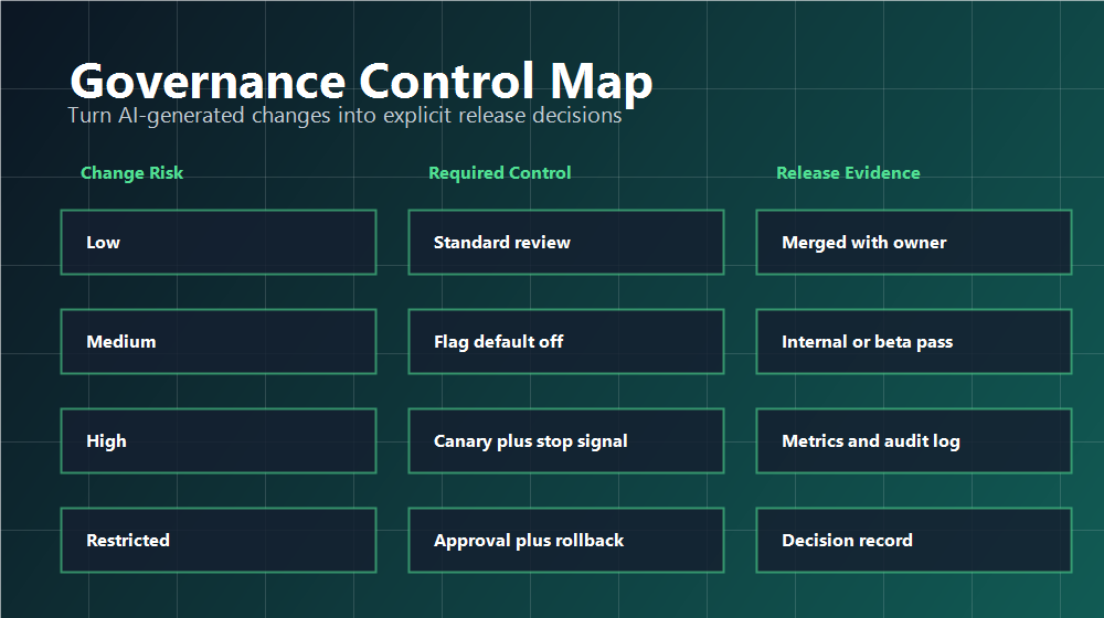 AI-generated code governance control map with change risk, required controls, and release evidence