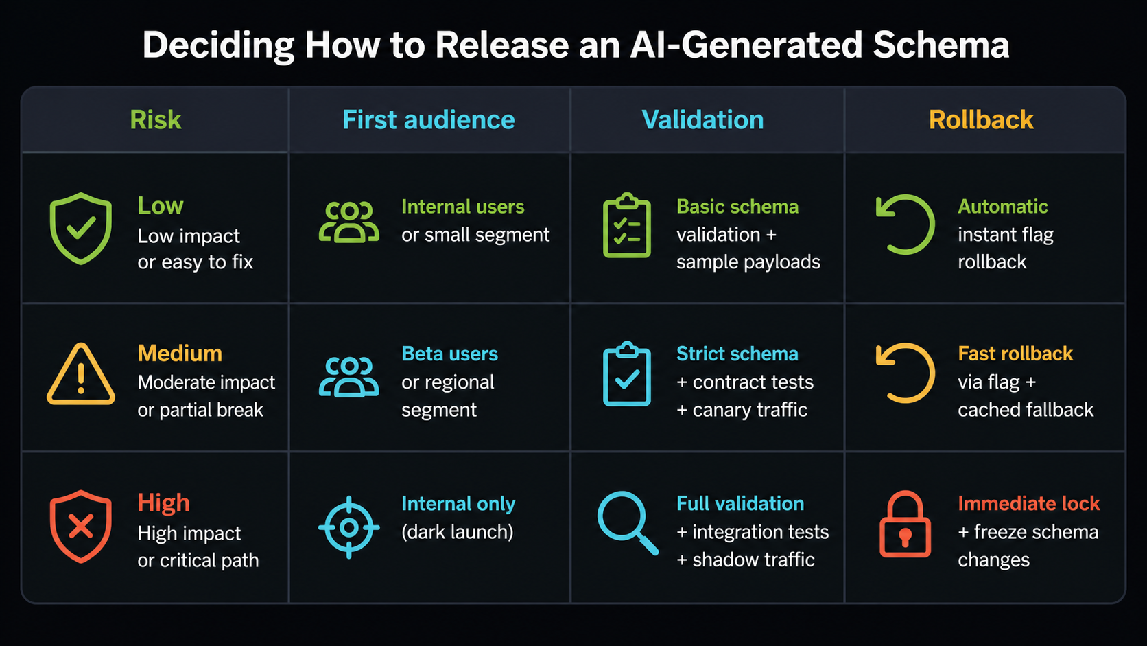 Risk matrix for releasing AI-generated schemas with first audience, validation depth, and rollback posture