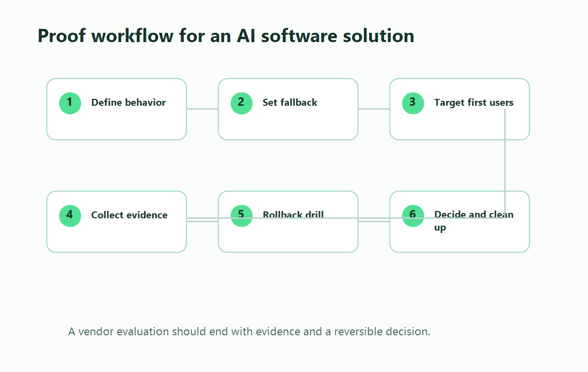 Proof workflow for evaluating an AI software solution from contract, internal targeting, canary, evidence, rollback drill, and cleanup decision