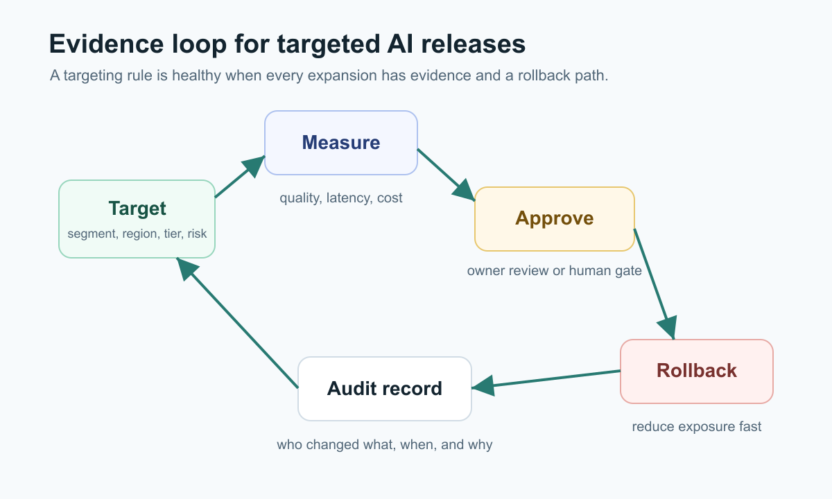 Release evidence loop showing targeted exposure, metric guardrails, approval review, audit log, rollback, and expansion decision