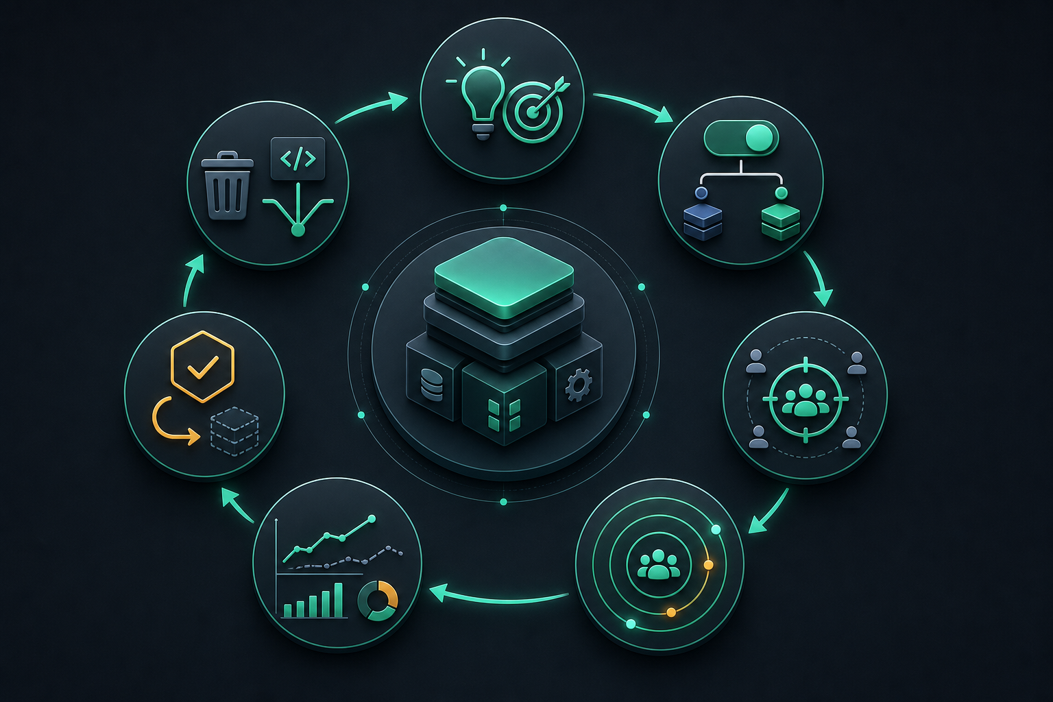 Feature release control loop connecting hypothesis, flag targeting, progressive rollout, telemetry, decision, rollback, and cleanup
