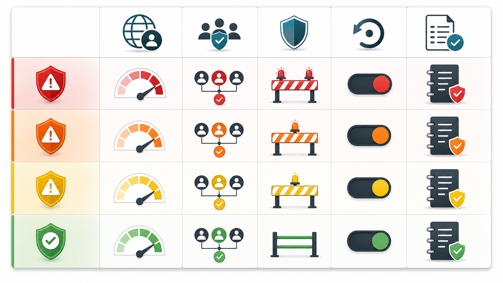 Risk control matrix for AI governance showing exposure, approvals, guardrails, rollback, and audit evidence by risk level