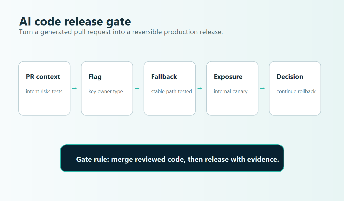 AI-generated code moving through a release gate with pull request context, a flag contract, safe fallback, staged exposure, and release decision