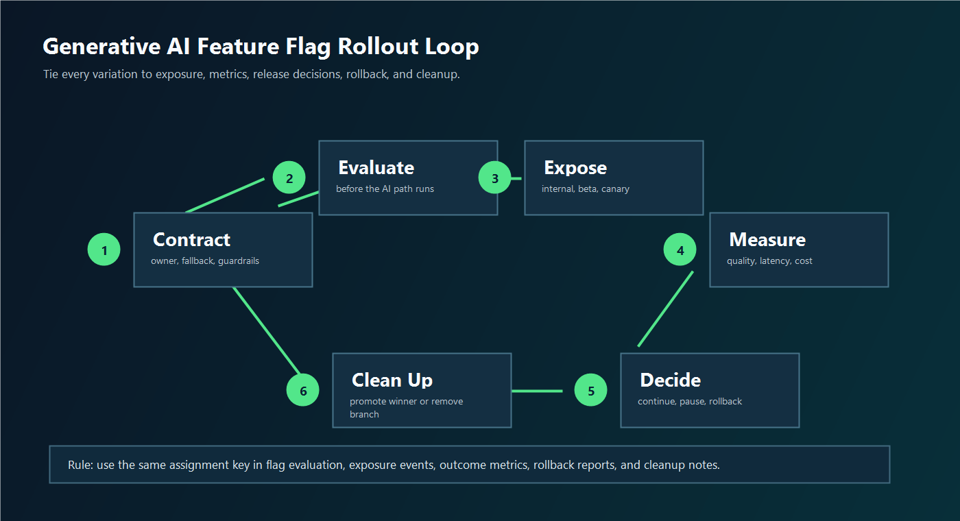 Rollout loop for generative AI app feature flags from contract, evaluation, exposure, metrics, decision, rollback, and cleanup