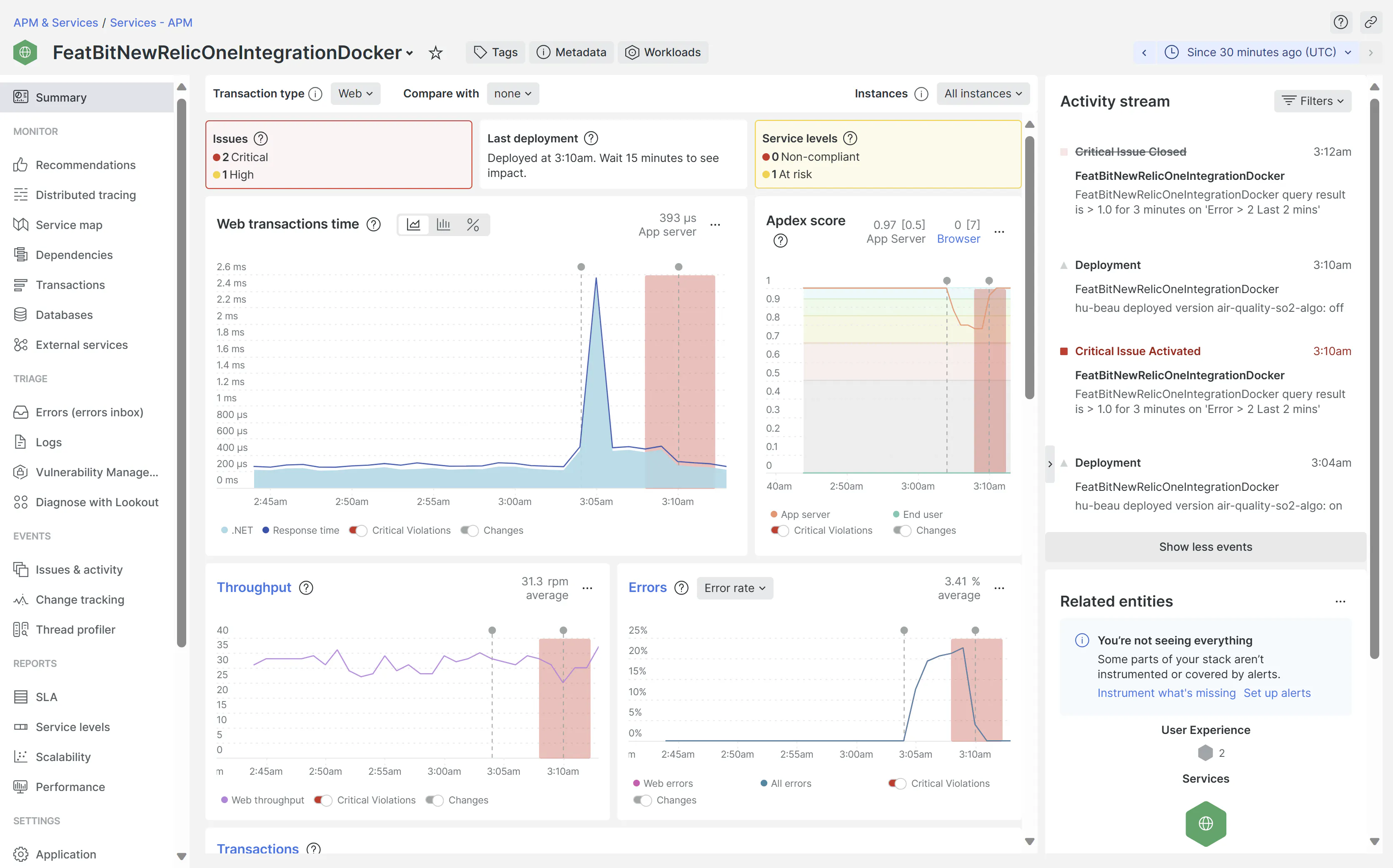An observability dashboard correlates a feature release with latency, errors, and service health