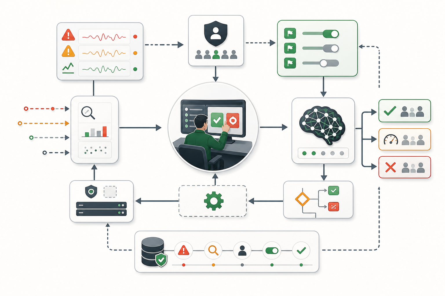 Manual override audit loop showing alert signal, human reviewer, feature flag control plane, AI service, fallback behavior, and audit evidence