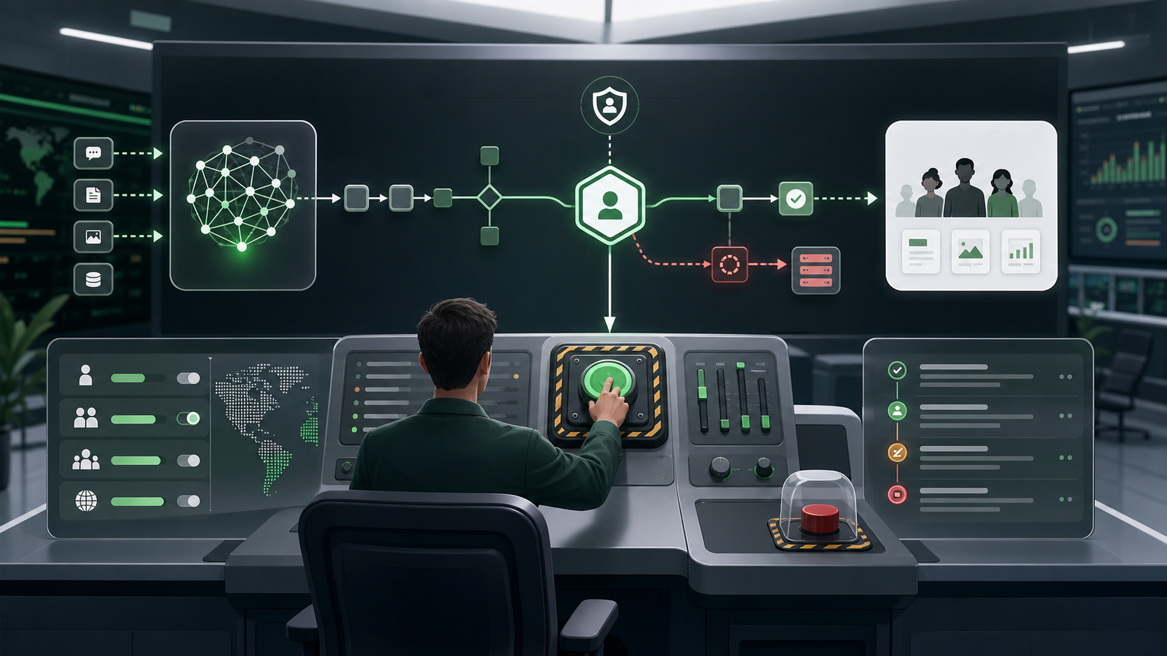 Human operator overriding a live AI workflow through a production control console with rollback, fallback, and audit paths