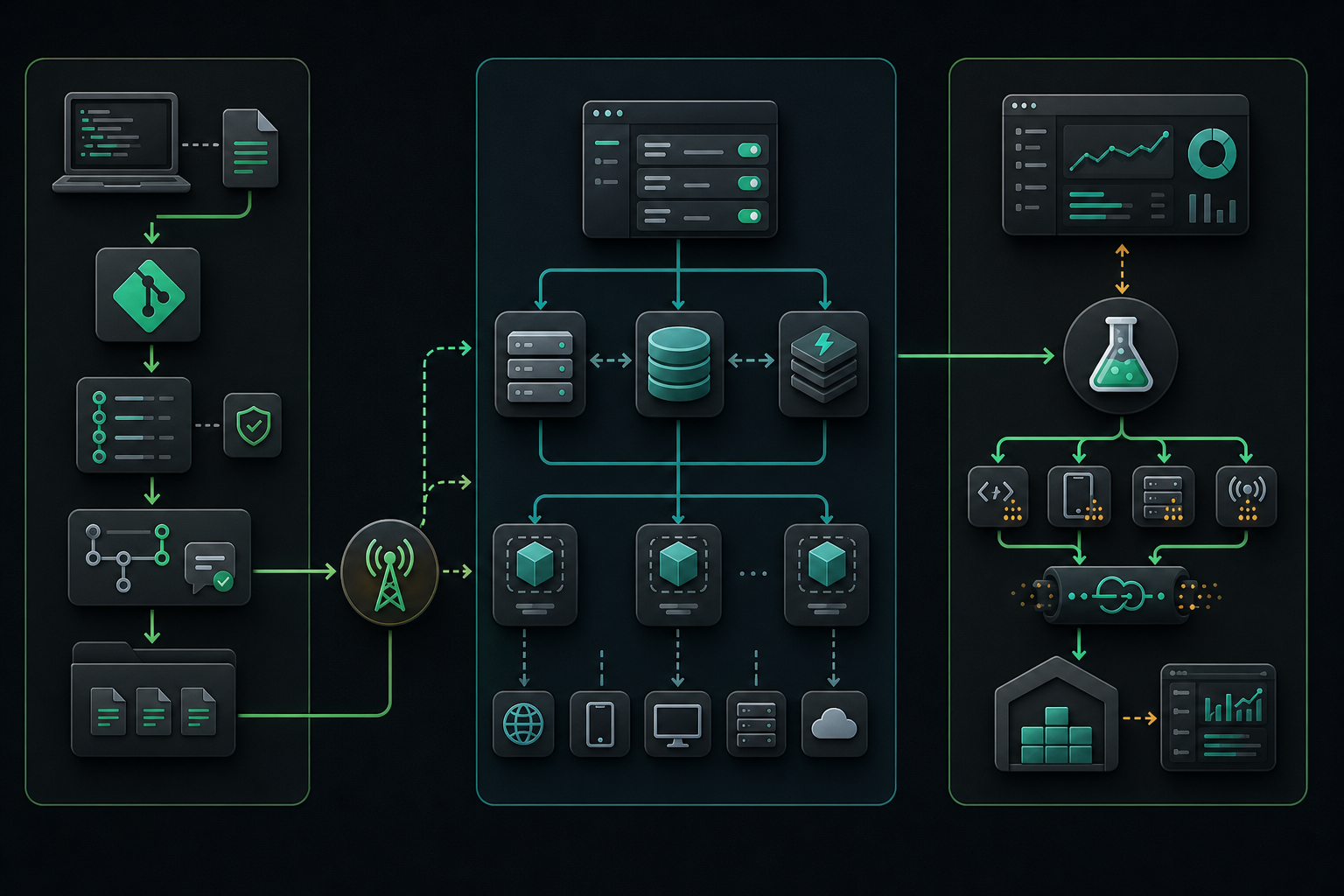 Open source feature flag platform shown as a modular runtime control system with self-hosted infrastructure, SDKs, rollout paths, and operational ownership