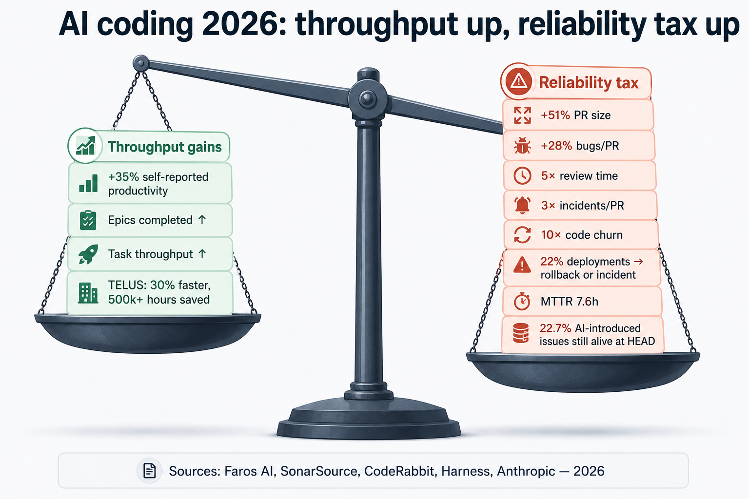 AI coding increases throughput while also increasing review burden, bug risk, incidents, churn, and maintenance load