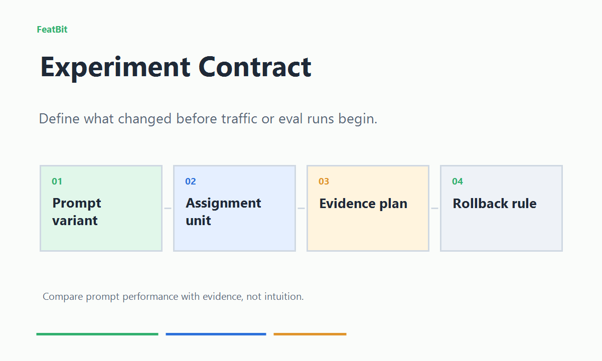 Prompt experiment contract showing variants, assignment, evidence, guardrails, and release actions