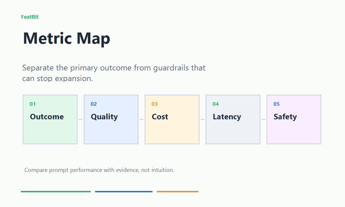 Prompt experiment metric map showing primary outcome, quality guardrails, cost, latency, safety, and segment checks