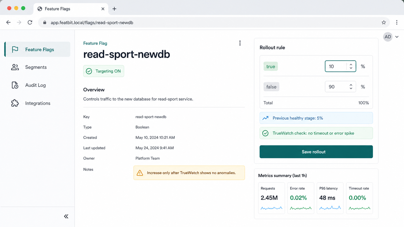 FeatBit feature flag rollout control for read-sport-newdb
