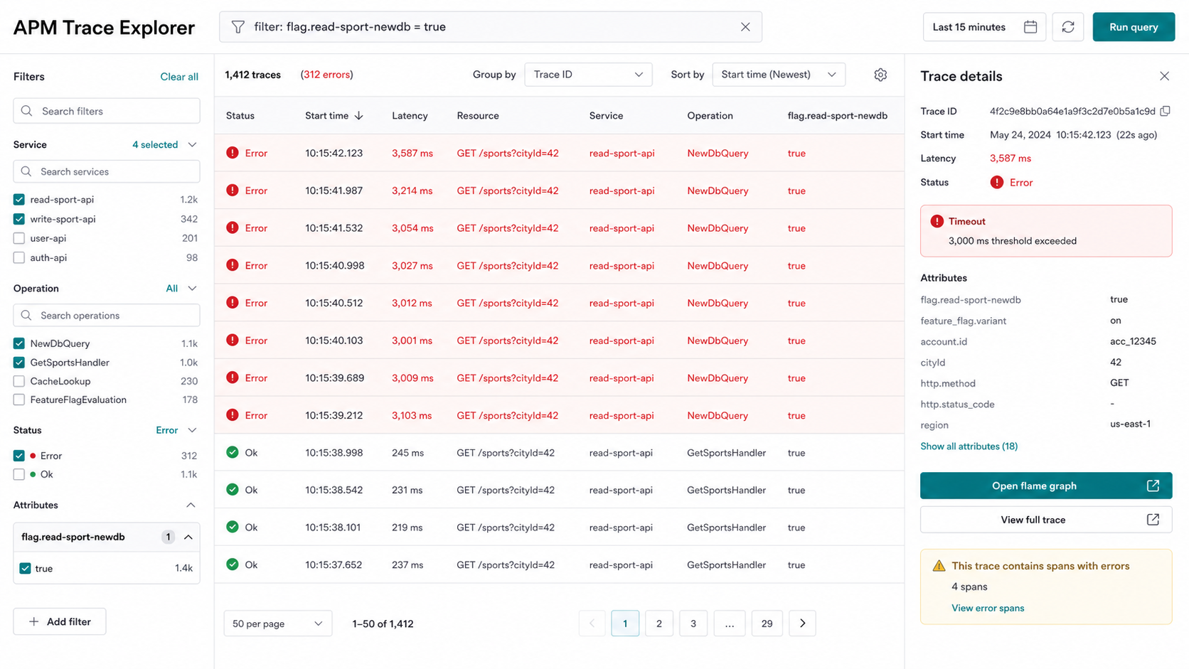 TrueWatch trace explorer filtered by read-sport-newdb=true