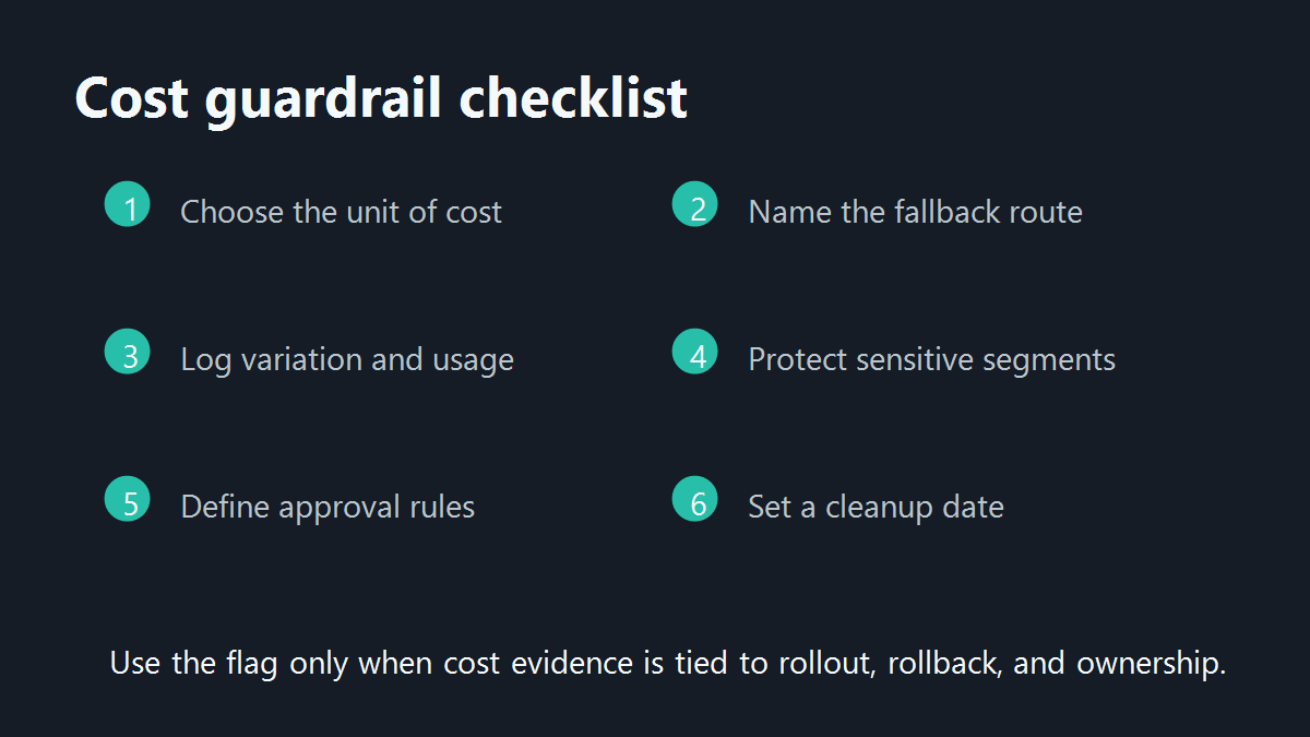 Decision checklist for cost guardrail flags covering metric choice, assignment unit, threshold, fallback, approval, and cleanup